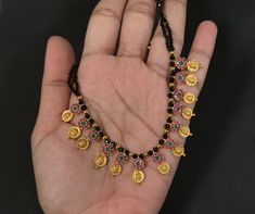 Short Black Beads Chains, Black Beads Chains Gold Short, Short Black Beads, Black Beads With Lakshmi Kasu, Lightweight Black Beads Chain, Black Beds, Gold Necklace With Black Beads For Puja, Black Beads Necklace, Black Beats