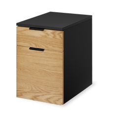 a black and oak filing cabinet with two drawers on the front, one drawer open