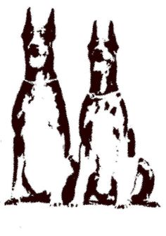 two dogs sitting next to each other on top of a white surface with black ink