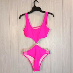 Cut Out Waist Ring One Piece Swimsuit & Bodysuit In Neon Pink - Never Worn New Smoke Free, Pet Free Home. Pink Cutout Swimwear For Pool, Pink Lined One-piece Swimsuit For Beach Season, Pink One-piece Swimwear For Festival, Playful Pink Swimming Bodysuit, Cheap Pink One-piece Swimwear For Pool, Pretty Swimsuits, Chic Swimsuit, Halter Top Tankini, Skirt Coverup