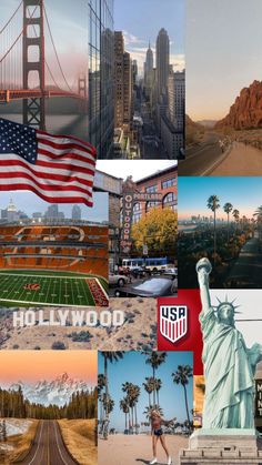 a collage of photos with the statue of liberty and other landmarks in them, including an american flag