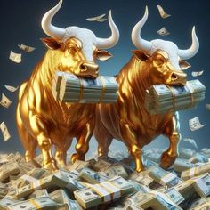 two bull statues with stacks of money in front of them