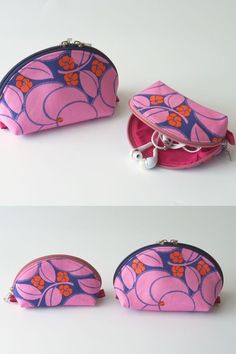 three different images of pink and blue purses with flowers on the front, one in purple