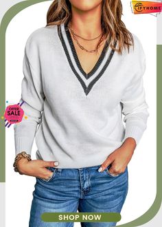 White Deep V Contrasted Neckline Knitted Sweater Luxury Fine Knit V-neck Sweater, Luxury Fitted Fine Knit V-neck Sweater, Affordable White V-neck Sweater, Luxury White Classic V-neck Sweater, White V Neck Knit Sweater, V Hals Sweater, White Vneck Sweater, Chic Sweatshirt, Solid Color Sweater