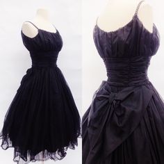 Stunning black party/prom/cocktail dress from the 1950's.  Made of black satin with a sheer black organza overlay. Layers of tulle in between. The fitted bodice features rhinestone straps. A nipped waist and full sheer circle-skirt finishes this garment off with a perfect feminine silhouette. The big black bow in the back just tops it off.! Metal zipper up the side for closure. This amazing party dress is typical of the Dior "new look" of the 1950's. It is in excellent vintage condition. Approxi 1950s Prom, 50s Prom, Dior New Look, Tea Length Skirt, Prom Dance, Cocktail Dress Prom, 1950s Style, Black Prom Dress, Black Tulle