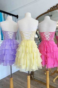 Step into the spotlight with the Diana A-Line Strapless Tiered Corset Short Homecoming Dress. Crafted from delicate tulle fabric, this dress features a timeless A-line silhouette that flatters any body type. Available in vibrant colors like lilac, yellow, blue, pink, royal blue, red, and black, it ensures you stand out at any event. The sweetheart neckline enhances your feminine charm, while the lace-up back provides a custom fit. Tiered layers and intricate appliques complete this stunning look Hot Pink Homecoming Dresses, Yellow Homecoming Dress, 2 Piece Homecoming Dress, Hot Pink Homecoming, Oc Clothes, Diana Dress, Short Homecoming Dresses, Hot Pink Shorts, Royal Blue Lace