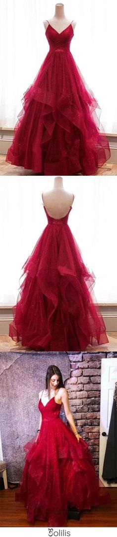 Tulle Gown With Spaghetti Straps For Prom, Tulle Ball Gown With Spaghetti Straps For Parties, Spaghetti Strap Tulle Ball Gown For Parties, Red Fitted Organza Ball Gown, Fitted Red Organza Ball Gown, Red Organza Evening Dress For Prom, Red Organza Ball Gown For Prom, Backless Tulle Evening Dress, Backless Tulle Dress For Prom