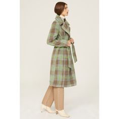 Green plaid (100% Polyester). Coat. Long sleeves. Collar. Front button closure. 44" from shoulder to hemline. Imported. Spring Plaid Wool Outerwear, Plaid Wool Outerwear For Spring, Plaid Button-up Outerwear For Office, Plaid Button-up Office Outerwear, Fitted Plaid Outerwear For Fall, Spring Plaid Outerwear For Office, Plaid Cotton Outerwear For Work, Chic Plaid Cotton Outerwear, Spring Daywear Plaid Outerwear