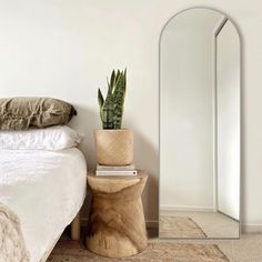 a bedroom with a bed, mirror and potted plant