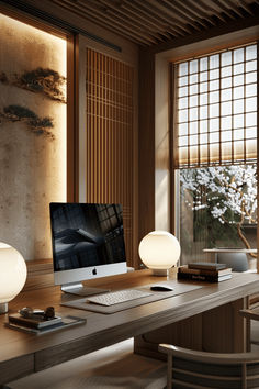 a desk with a computer, lamp and other items on it in front of a window