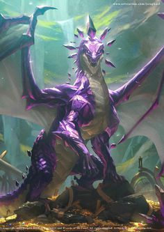 a large purple dragon standing on top of a pile of rocks