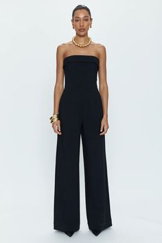 Elevate your look effortlessly with the Valentina Jumpsuit: made from a smoothing fabric that gives a flattering fit, this strapless style will have you looking your best for any occasion, from holiday parties to black tie events. Its wide leg fit and side zipper make it easy to dress up in style. 32" inseam, 24" leg opening Black Strapless Jumpsuit, Bandeau Jumpsuit, Grand Ballroom, Strapless Sweetheart Neckline, Jumpsuit Outfit, Strapless Jumpsuit, Cocktail Attire, Black Tie Event, Wide Legs