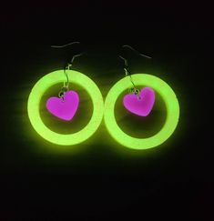 Quirky fun glitter neon color earrings. Trendy Neon Jewelry, Trendy Luminous Jewelry For Gifts, Retro Jewelry For Valentine's Day Party, Trendy Neon Yellow Earrings For Gifts, Green Heart Earrings For Valentine's Day Party, Handmade Rave Jewelry For Party, Fun Jewelry For Valentine's Day Party, Fun Valentine's Day Party Jewelry, Fun Party Jewelry For Valentine's Day