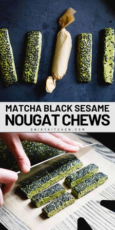 matcha black sesame nougatchews on a cutting board with a knife