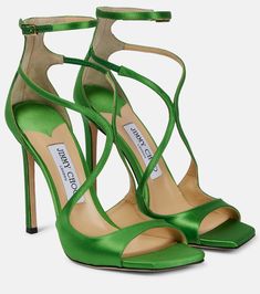 Azia 110 satin sandals in green - Jimmy Choo | Mytheresa Wedding High Heels, Jimmy Choo Sandals, Satin Sandals, Green Things, Green Heels, Jimmy Choo Heels, Carrie Bradshaw, Green Shoes, Fashion High Heels