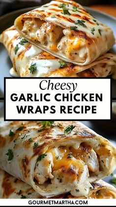 chicken wraps stacked on top of each other with cheese and parsley in the middle