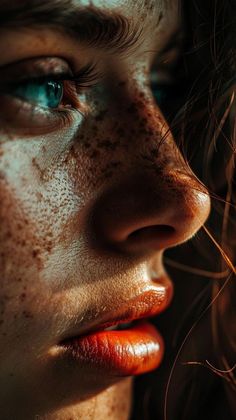 a woman with freckled hair and blue eyes is staring into the distance while she has freckles on her face