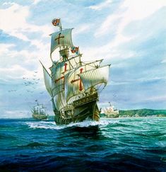 a painting of a sailing ship in the ocean with birds flying around and on it's side