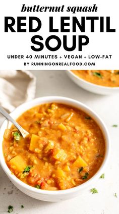 This hearty vegan butternut squash red lentil soup recipe is easy to make with simple ingredients in under 40 minutes. The recipe is gluten-free, oil-free, sugar-free and low in fat. Enjoy for a healthy, whole food plant-based meal. Health Meals, Vegan Ideas, Butternut Squash Recipes Soup