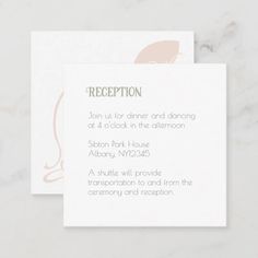 a wedding reception card with the word reception printed on it's front and back