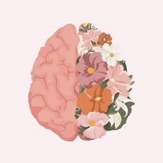 an illustration of the human brain with flowers on it's side and pink background