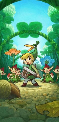 the legend of zelda poster is shown in front of an image of elves and mushrooms