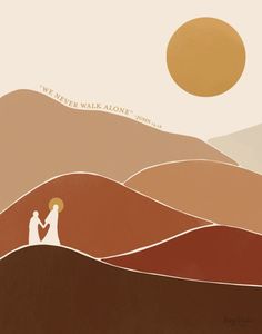 an image of a man and woman standing in the desert under a sun with words above them