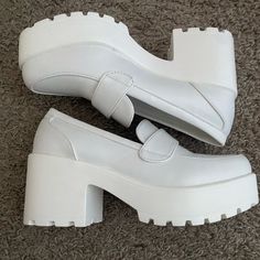 White Vegan Leather Platform Loafers “Here To Learn Platform Loafers” Brand New- Never Worn Before Size 6 Us Women And True To Size Retail On Dolls Kill Site $55.00 Pet And Smoke Free Home Please Feel Free To Check Out All Of My Listings As I Do Have Sizes Ranging From Xxs-3x All Different Styles Like Y2k, Rodeo, Fairy, Goth, Grunge And More! I Appreciate You Shipping My Closet. Reach Out To Me For Questions :) Doll Platform Shoes, Claire Core, Peabody Massachusetts, Cute Loafers, White Platforms, Cat Flats, White Platform Shoes, Dolls Kill Shoes, Puma Running Shoes