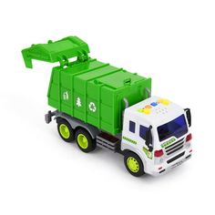 a green and white toy truck on a white background