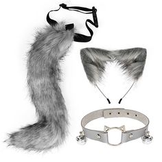 an animal costume and accessories are shown on a white background, including a tail, collar, nose ring, and headband