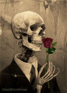 a skeleton holding a red rose in its hand