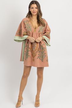 Bohemian V-neck Embroidered Dress For Brunch, Embroidered Mini Dress For Vacation, Spring Beach Embroidered Mini Dress, Spring Embroidered Beach Mini Dress, Pink V-neck Mini Dress With Floral Embroidery, Pink Bohemian V-neck Mini Dress, Floral Embroidered V-neck Dress For Brunch, V-neck Floral Embroidered Dress For Brunch, Pink Floral Embroidered V-neck Mini Dress