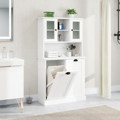 a bathroom with a white cabinet and sink