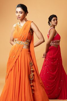 Buy Orange Georgette Embellished Cutdana V Neck Draped Lehenga And Blouse Set For Women by Quench A Thirst Online at Aza Fashions. Draped Lehenga, Drape Lehenga, Orange Drapes, Lehenga And Blouse, Traditional Indian Dress, Padded Blouse, Pleated Blouse, Set For Women, Bright Orange