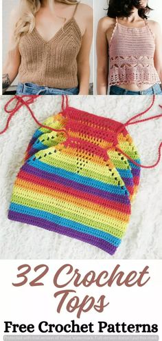 two crochet top patterns with text that reads, 32 crochet tops free crochet patterns