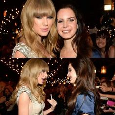 two beautiful women standing next to each other in front of a crowd at a party