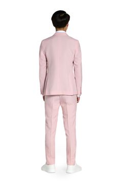 Crisp and smart, this pastel two-piece suit includes flat-front pants, a clip-on tie and traditional detailing to keep your child dapper at any occasion. All three pieces are machine-washable and look ready to wear right out of the dryer. Jacket has notched lapels; three-button cuffs; chest pocket; flap pockets; interior pocket; side vents Trousers have zip fly with hook-and-bar closure; slant pockets; back pockets Jacket is lined Unhemmed 100% polyester Machine wash, tumble dry Imported Spring Business Tuxedo Suit, Spring Tuxedo Suit, Tailored Tuxedo Suit For Spring, Spring Tailored Tuxedo Suit, Fitted Pink Tuxedo Suit, Pink Fitted Tuxedo Suit, Spring Slim Fit Business Sets, Elegant Pink Slim Fit Suits, Spring Business Set With Slim Fit