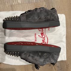 Calf Leather Sneakers With Red Sole, Custom Calf Leather Sneakers With Studded Outsoles, Designer Calf Leather Sneakers With Red Sole, Luxury Spiked Round Toe Sneakers, Christian Louboutin Shoes Mens, Louboutin Shoes Mens, Man Shoes, Christian Louboutin Men, Shoes For Sale