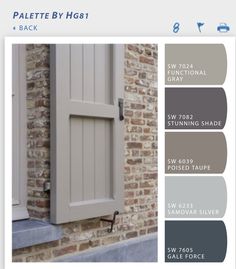 an exterior color scheme for a house with brick and white trim, including gray shutters