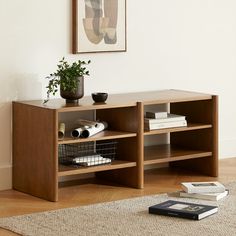 a book shelf sitting on top of a hard wood floor next to a plant and books