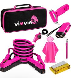 a pink and black case with various items including hairdryer, blow dryer, gloves