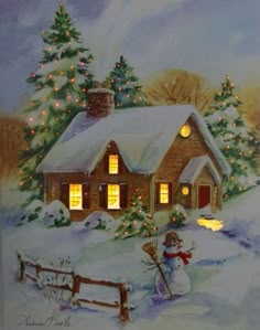 a painting of a snowman in front of a house with christmas lights on it