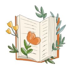 an open book with flowers and leaves around it