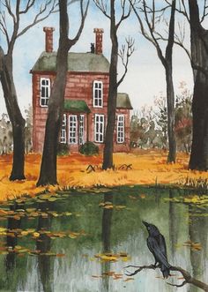 a painting of a house in the woods with a bird perched on it's branch