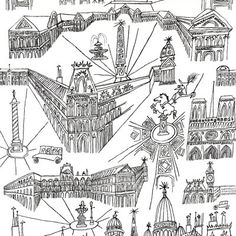 a drawing of an architectural structure with many different buildings and spires on the top