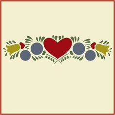 a red heart surrounded by blue berries and green leaves on a cream background with a border in the middle