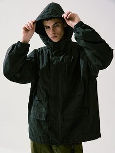 This is a comfortable and unique jacket that is made out of high quality cotton and nylon blend fabric. With design detail of 2-way zipper closure, adjustable string and stopper on the hem and hoodie, and military inspired deatils, it gives a trendy and casual look.- Double pleats on the sleeve- Adjustable string and stopper on the hoodie and hem- 2-way zipper closure- Zipper pocket detail Utility Parka With Double-lined Hood, Hooded Utility Jacket For Streetwear, Military Style Windproof Parka For Streetwear, Black Hooded Jacket With Cargo Pockets For Fall, Black Techwear Parka With Adjustable Hood, Fall Black Hooded Jacket With Cargo Pockets, Streetwear Hooded Parka With Detachable Hood, Hooded Utility Jacket With Double-lined Hood For Streetwear, Fall Techwear Parka With Adjustable Hood