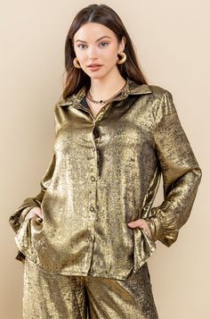 metallic button down top Brand: The Sang Style: SP429622-T Fabric: Details: **matching pants style number SP429622-P** Gold Shirt Outfit, Distressed Sweater Dress, Long Skirt And Top, White Outfits For Women, Trends 2025, Strapless Long Dress, Club Outfits For Women, Backless Long Dress, Lace Pink Dress