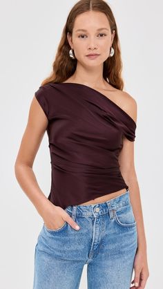 STAUD Phare Top | Shopbop Evening Draped One Shoulder Ruched Top, One-shoulder Silk Top For Formal Occasions, Evening Satin Ruched Tops, One Shoulder Silk Top For Formal Occasions, Draped Satin Top For Evening, Formal Silk One-shoulder Top, Evening Draped Satin Top, Silk One Shoulder Top For Evening, Elegant Ruched One-shoulder Top For Evening