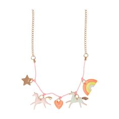 Look magical with this charming necklace. Featuring a row of beautiful enamel decorations from a fantasy world, including pastel unicorns, a star, heart and rainbow. 6 enamel on gilt brass charms Neon cord Gold tone chain fastener Neon detail Suitable for ages 8+ Product dimensions: Total drop - 13 inches Pack dimensions: 3.125 x 6 x 0.5 inches Playful Adjustable Necklaces With Charms, Playful Gold Necklaces With Charms, Playful Pink Jewelry With Star Charm, Adjustable Gold Charm Necklaces With Playful Style, Playful Gold Charm Necklace With Adjustable Fit, Fairy Party Crafts, Meri Meri Unicorn, Superhero Dress Up, Fairy Wings Costume